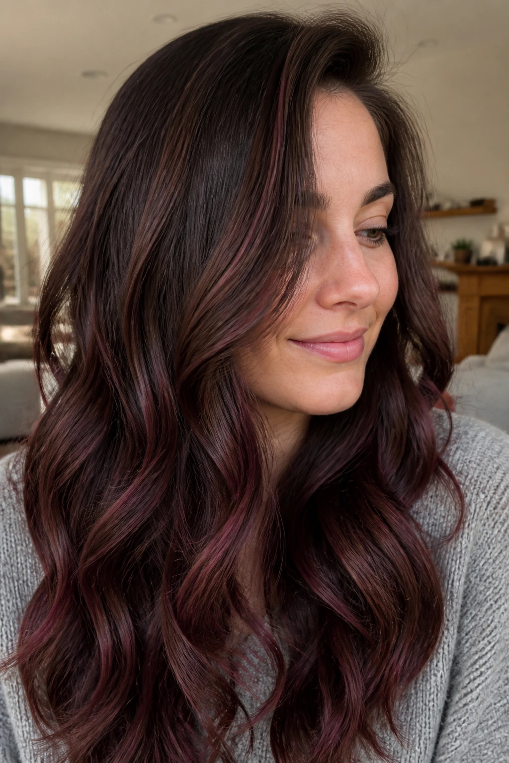 Warm brown hair in mulberry-toned waves with soft contrast