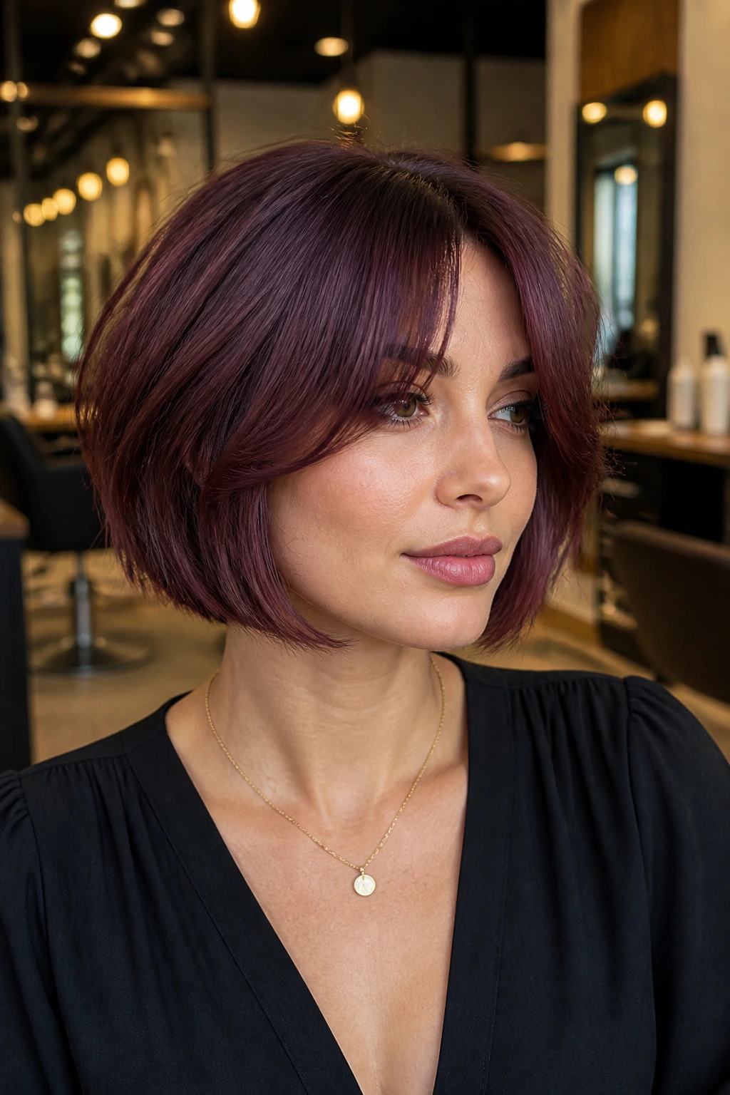 Portrait of a woman with chin-length mulberry bob and curtain bangs in a warm salon.