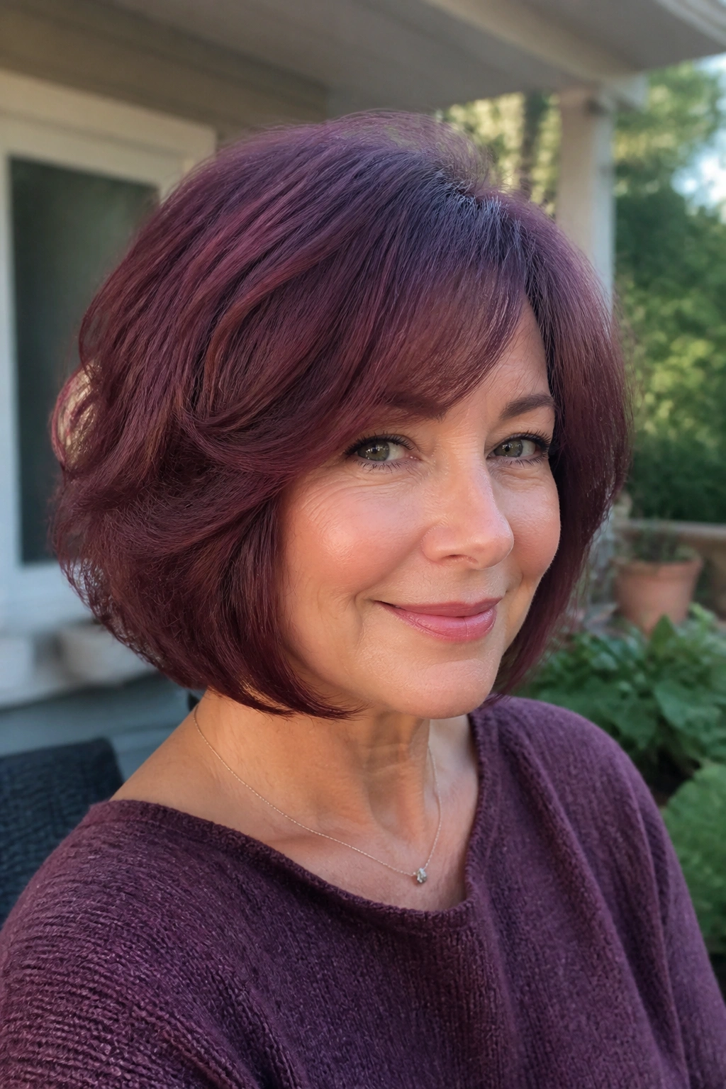 Close-up portrait of a real woman with a feathered mulberry bob in warm sunlight on a cozy porch.