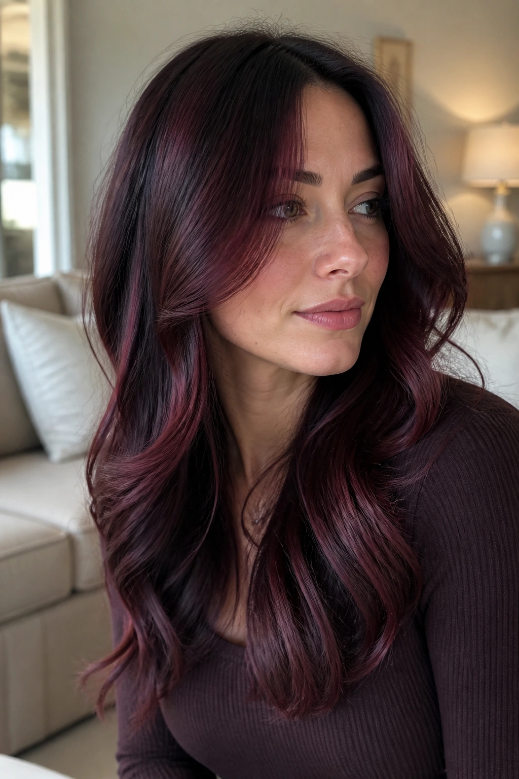 Close-up of a real woman with mulberry shade on brunette hair.