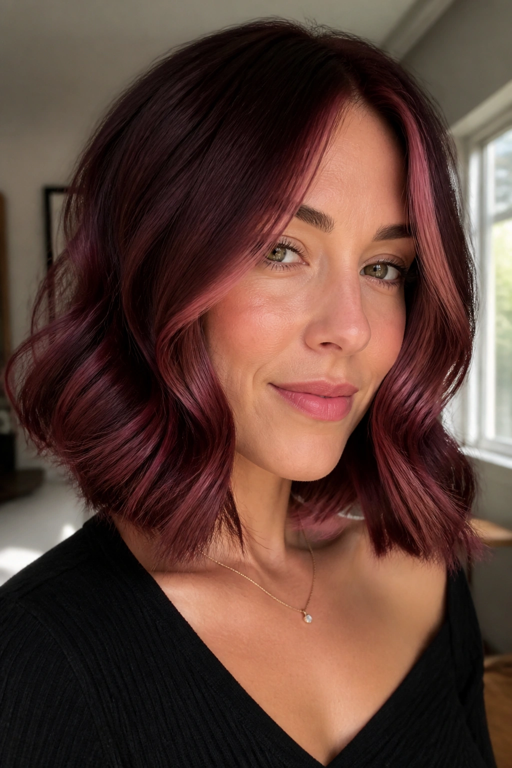 Close-up of a real person with mulberry burgundy lob and soft face-framing pieces.