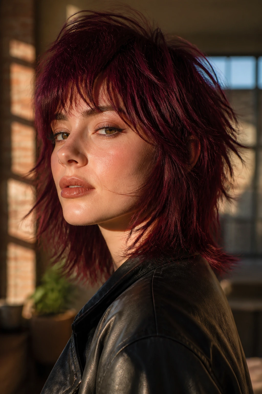 Close-up of a real person with mulberry burgundy choppy shag hairstyle.