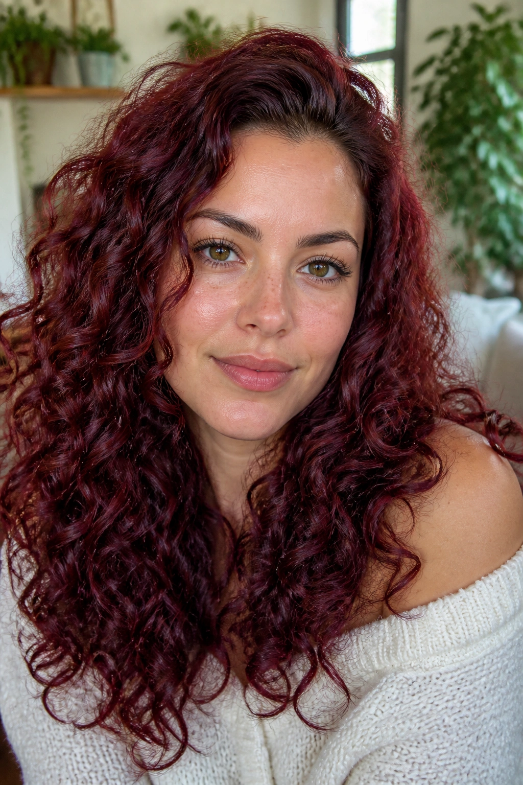 Real person with mulberry cherry curls showing berry and plum tones.