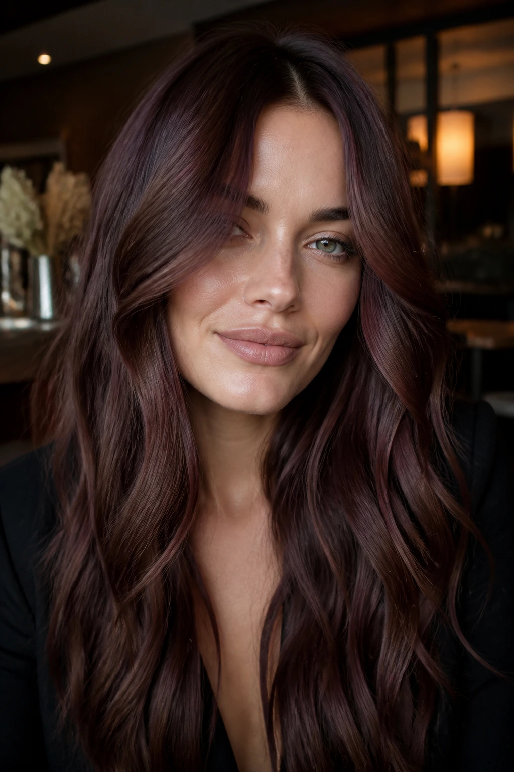Close-up of a real woman with Mulberry Chestnut Bronde hair and subtle plum lowlights