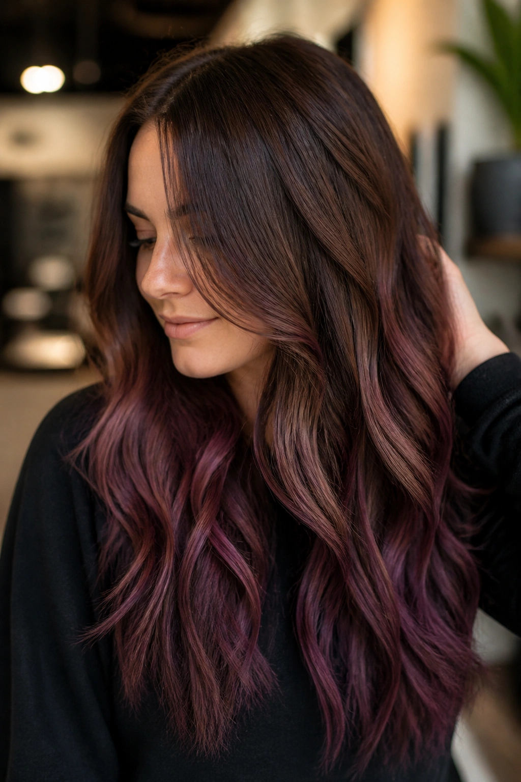 Real woman with chestnut brown to mulberry ombre on long brunette hair.