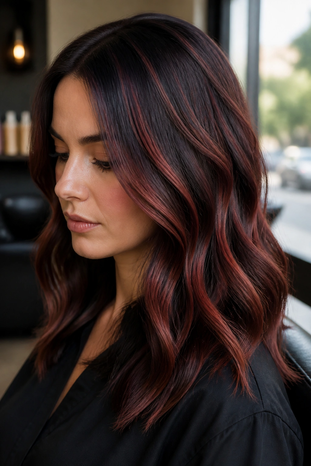 Close-up of brunette hair with mulberry copper ribbon highlights on a real person
