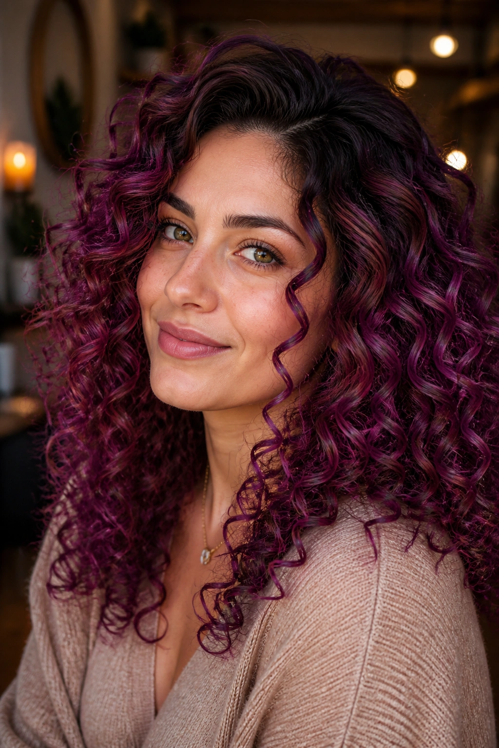 Portrait of woman with mulberry curls and shadow root