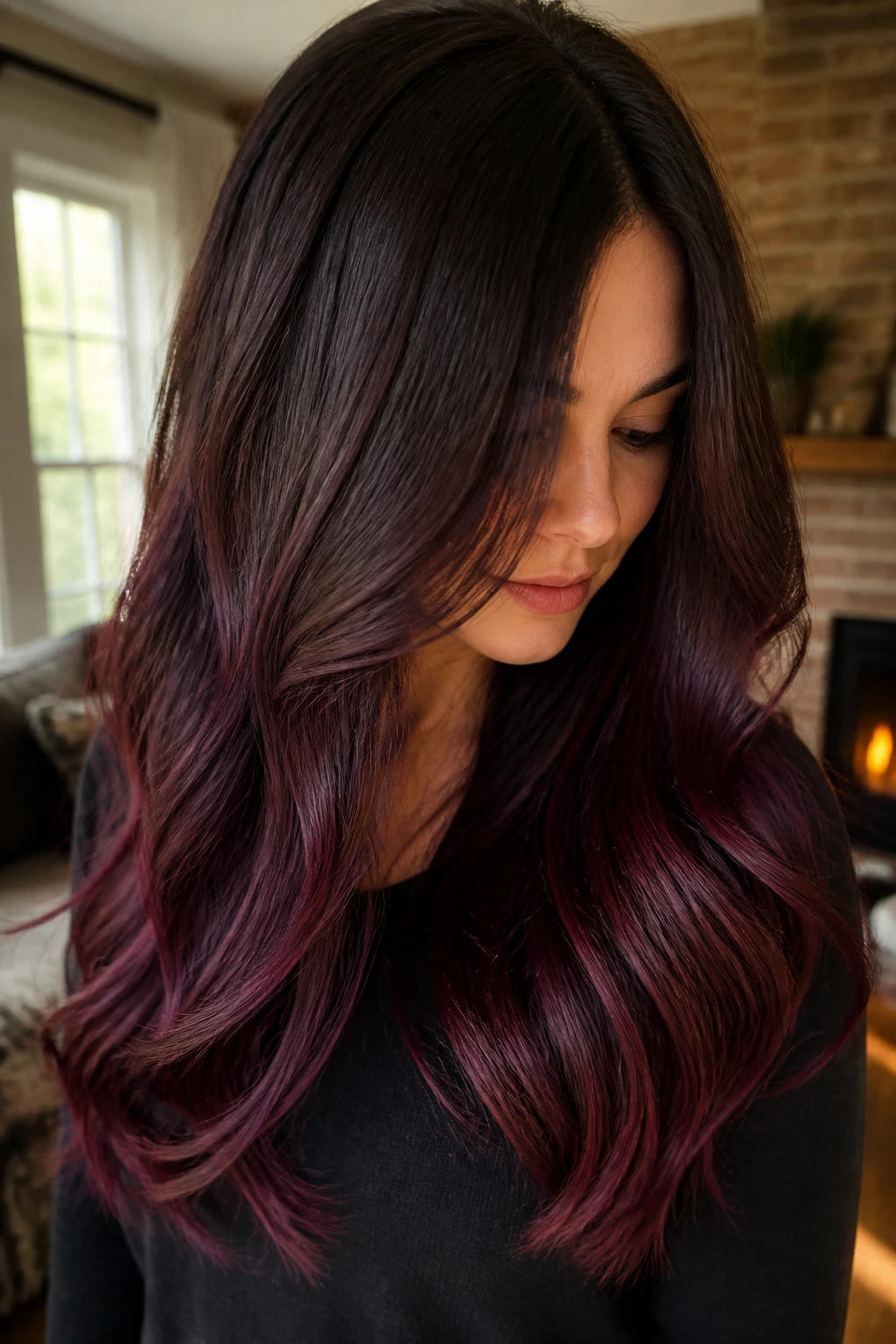 Close-up of long hair from deep brown to mulberry ends on a real woman