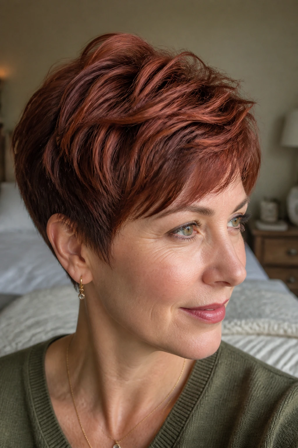 Close-up portrait of a real woman with a soft mulberry-ginger pixie, darker roots and bright ginger highlights.