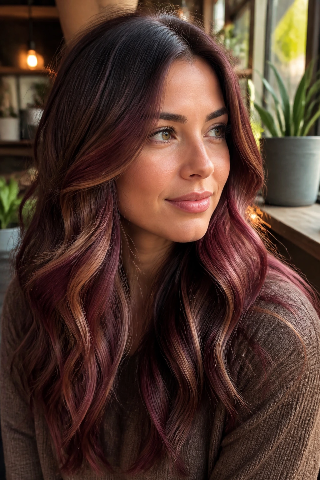 Close-up of a real woman with medium brown waves and mulberry glaze