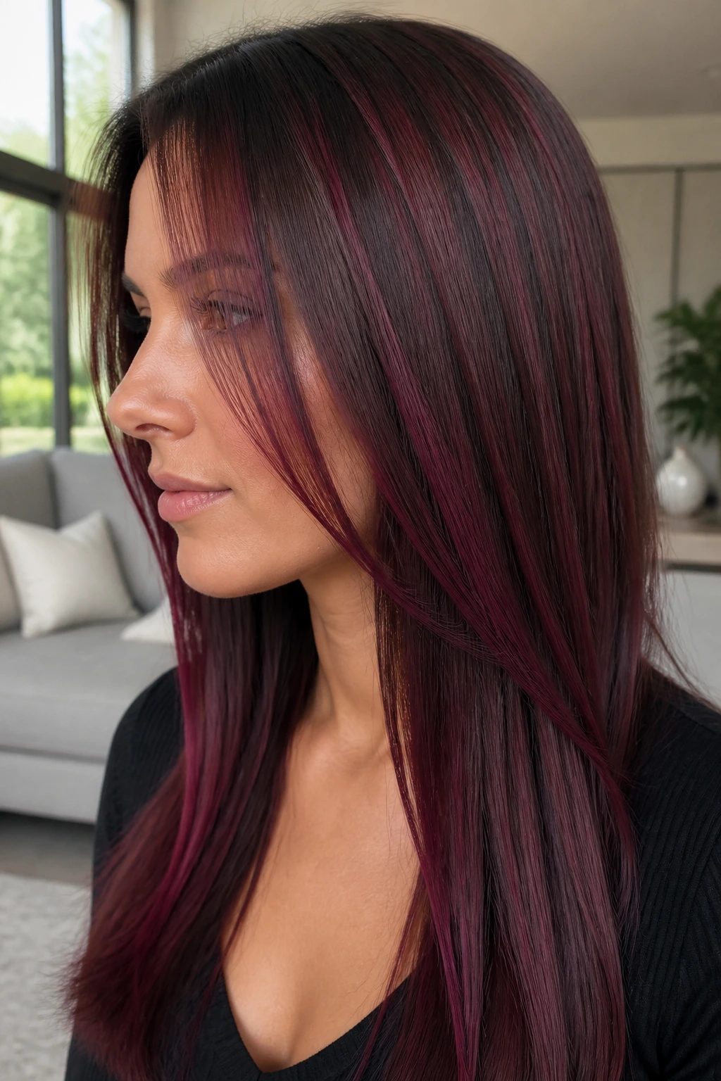 Close-up of straight brown hair with mulberry highlights around the face.