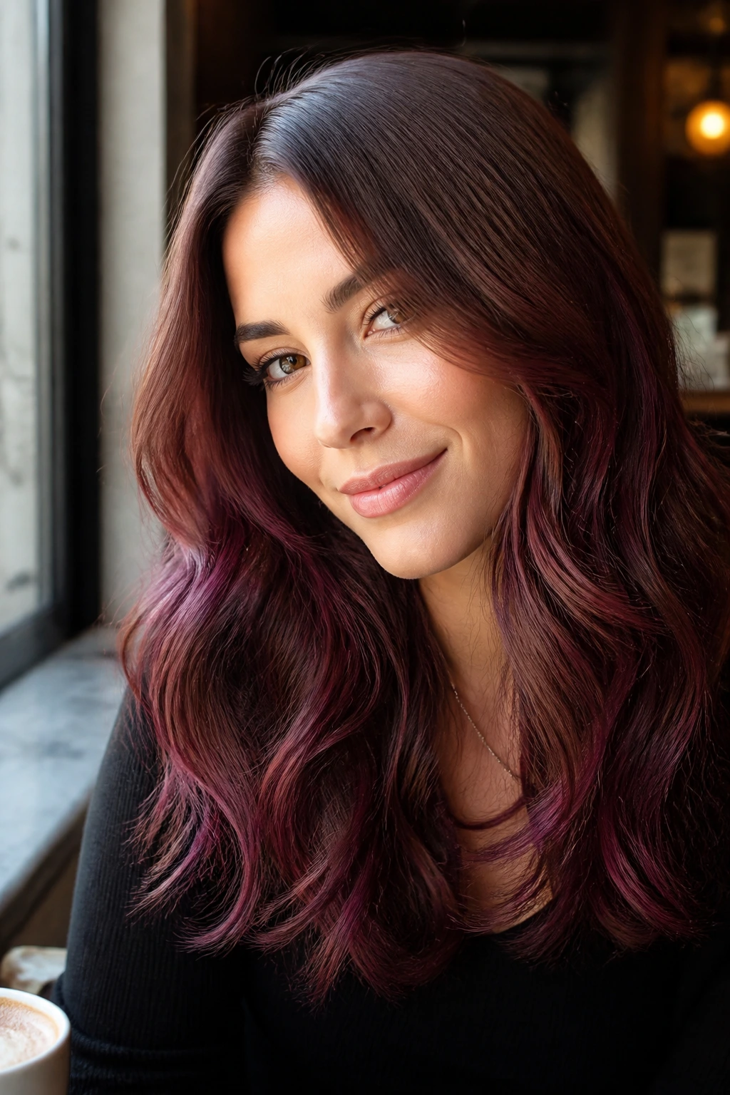 Close-up of warm brown hair with mulberry highlights in morning light.