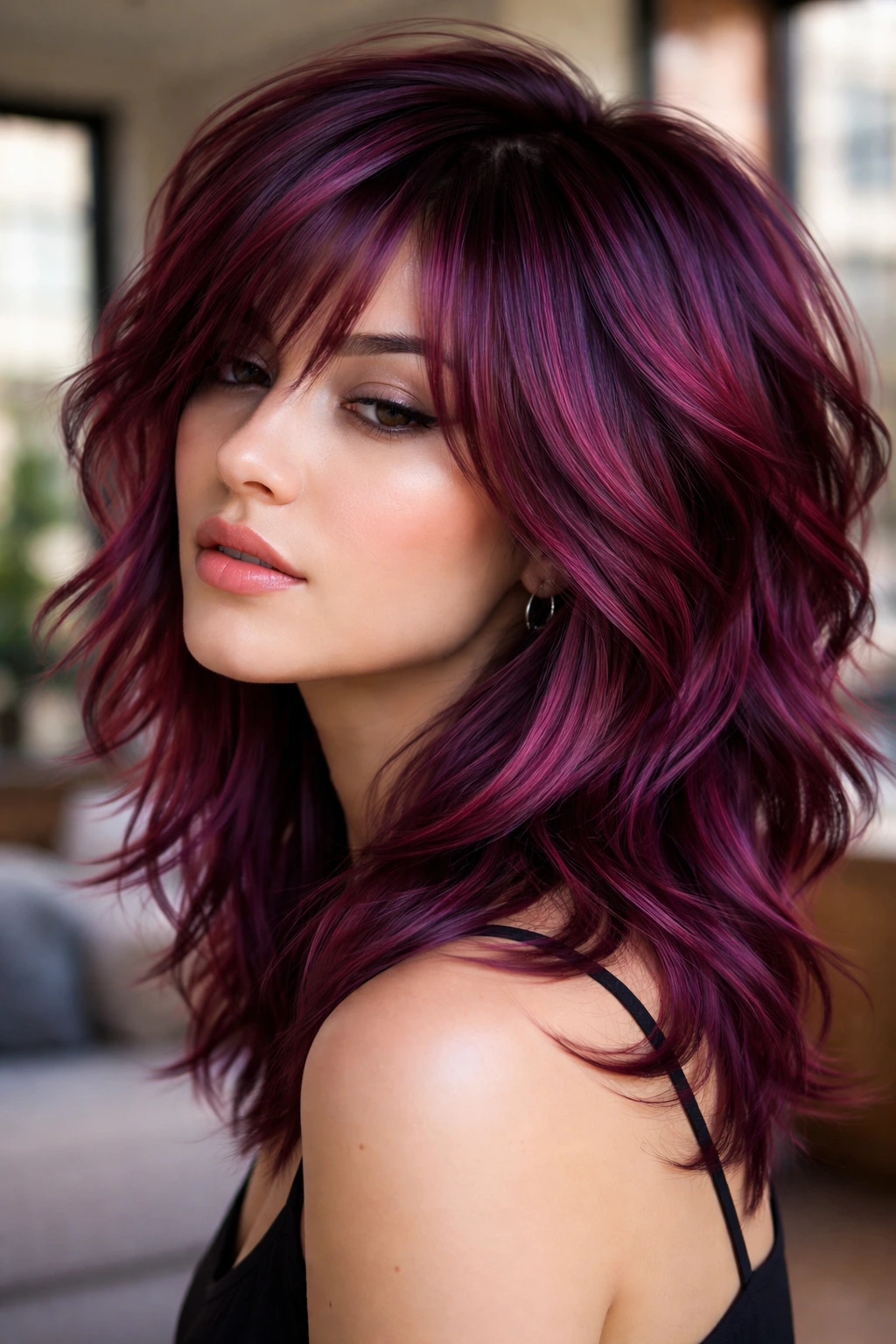 Close-up of a real person with mulberry layered hair color