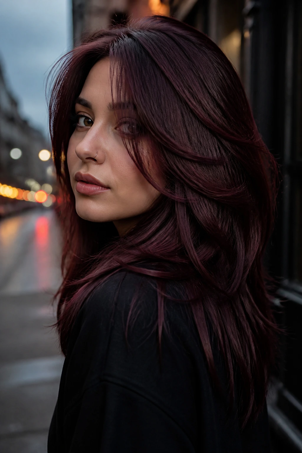Close-up of a real person with layered smoked mulberry hair in moody dusk lighting