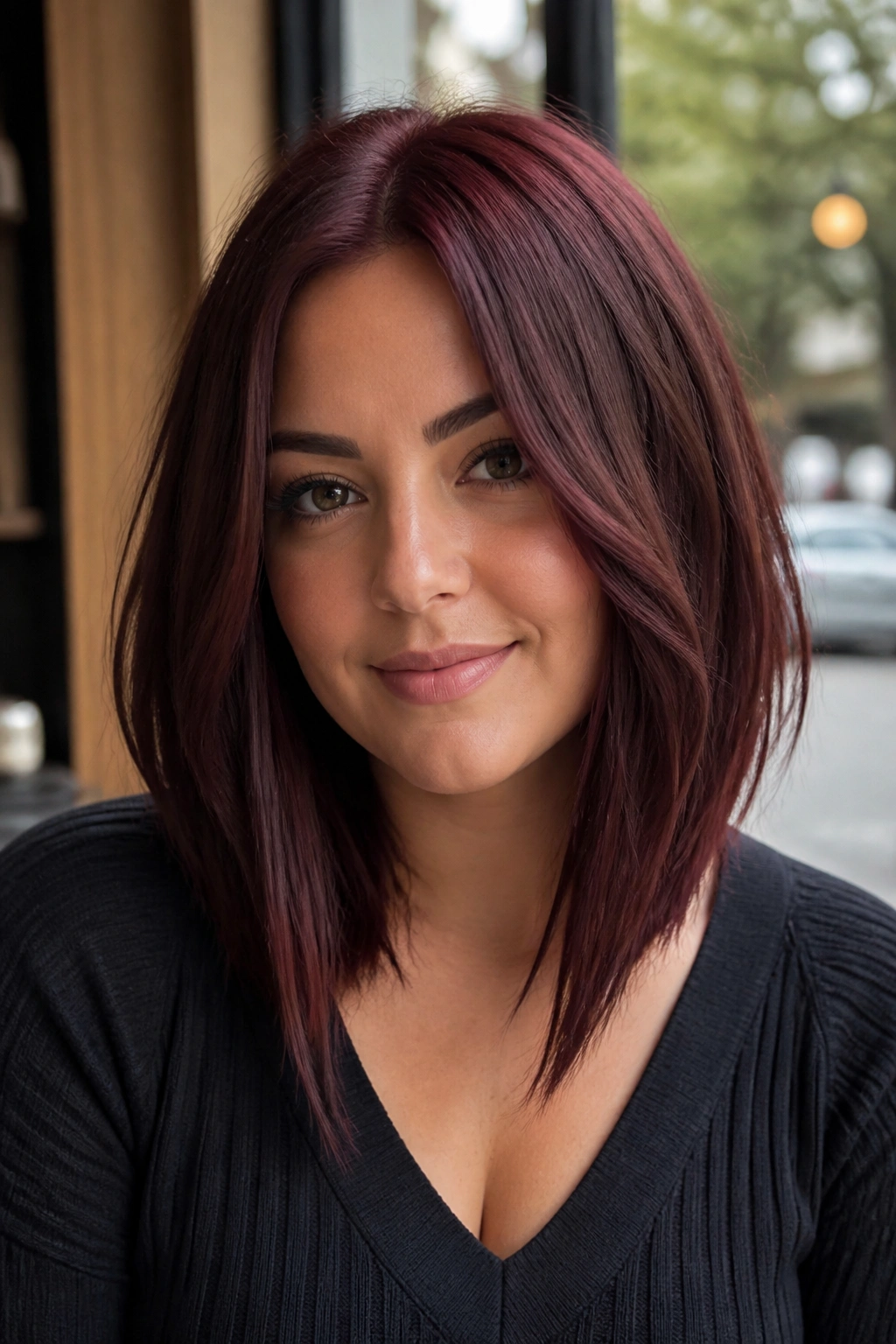 Mulberry long bob with angled ends on a real woman, close-up portrait.