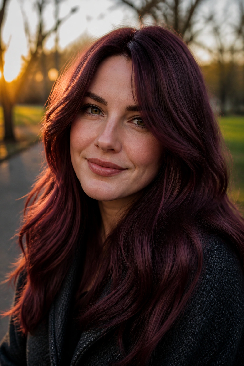 Close-up of a woman with mulberry mahogany hair in golden hour light