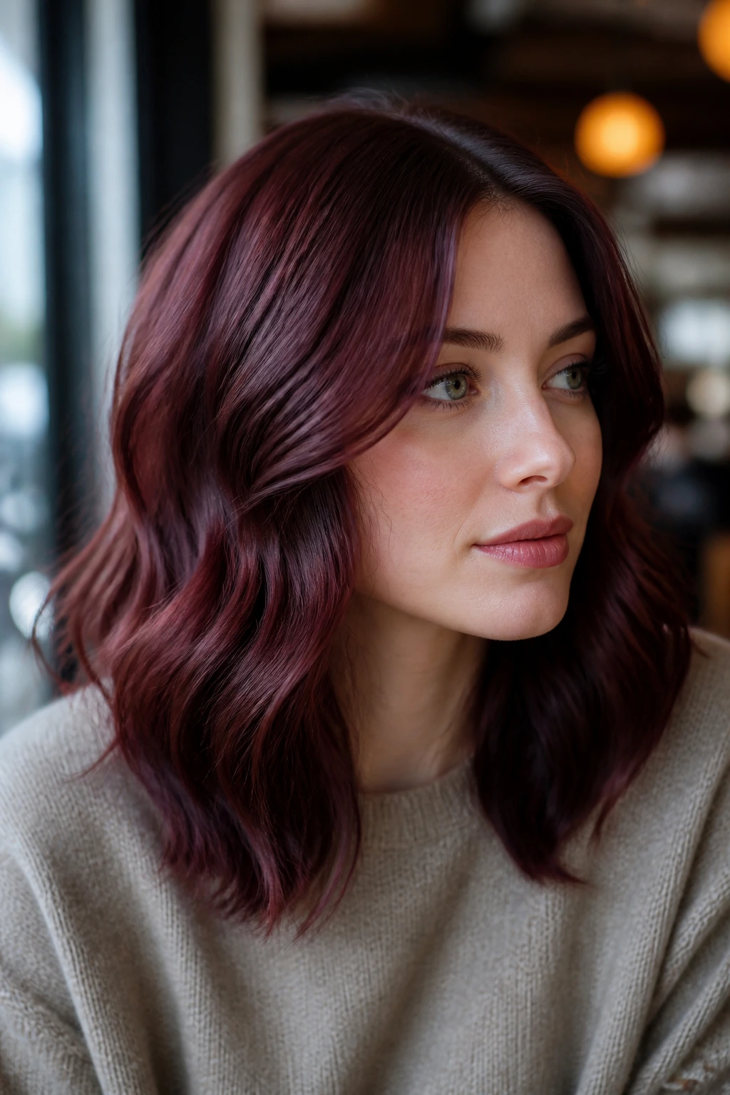 Close-up of a real woman with mulberry mahogany hair in soft waves on cool skin