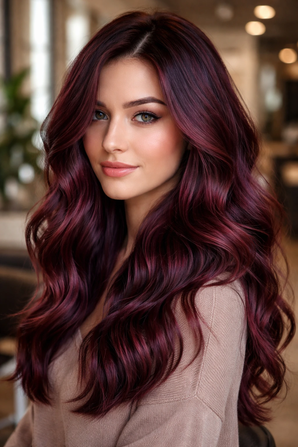 Close-up portrait of a real woman with mulberry melt hair near a sunlit window