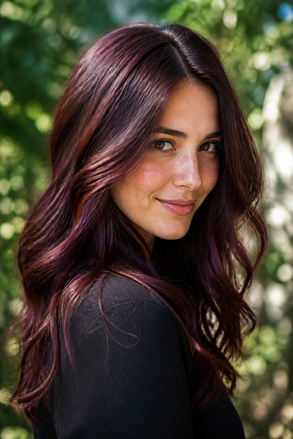 Close-up portrait of a woman with mulberry melt hair outdoors