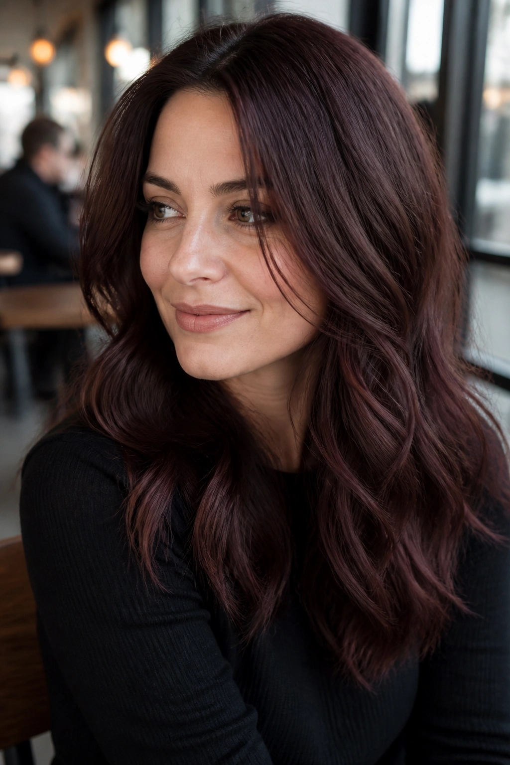 Close-up portrait of a real woman with mulberry mocha hair in soft daylight