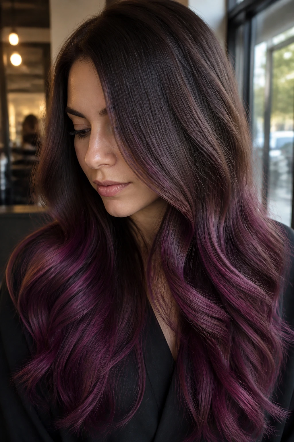 Close-up of real woman’s hair showing brown roots fading to mulberry purple ends