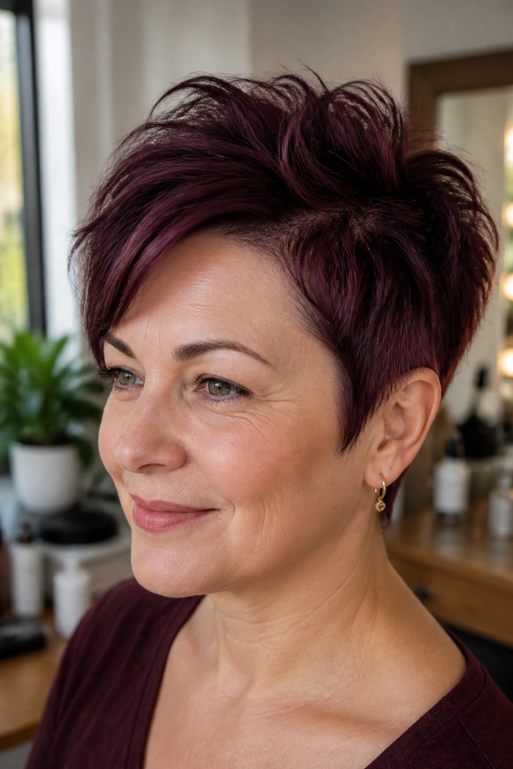 Portrait of a real person with mulberry pixie and tousled volume