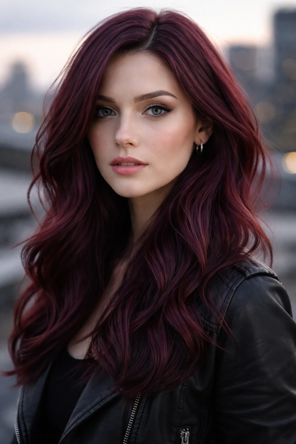 Mulberry red hair close-up on a real woman in an urban dusk setting
