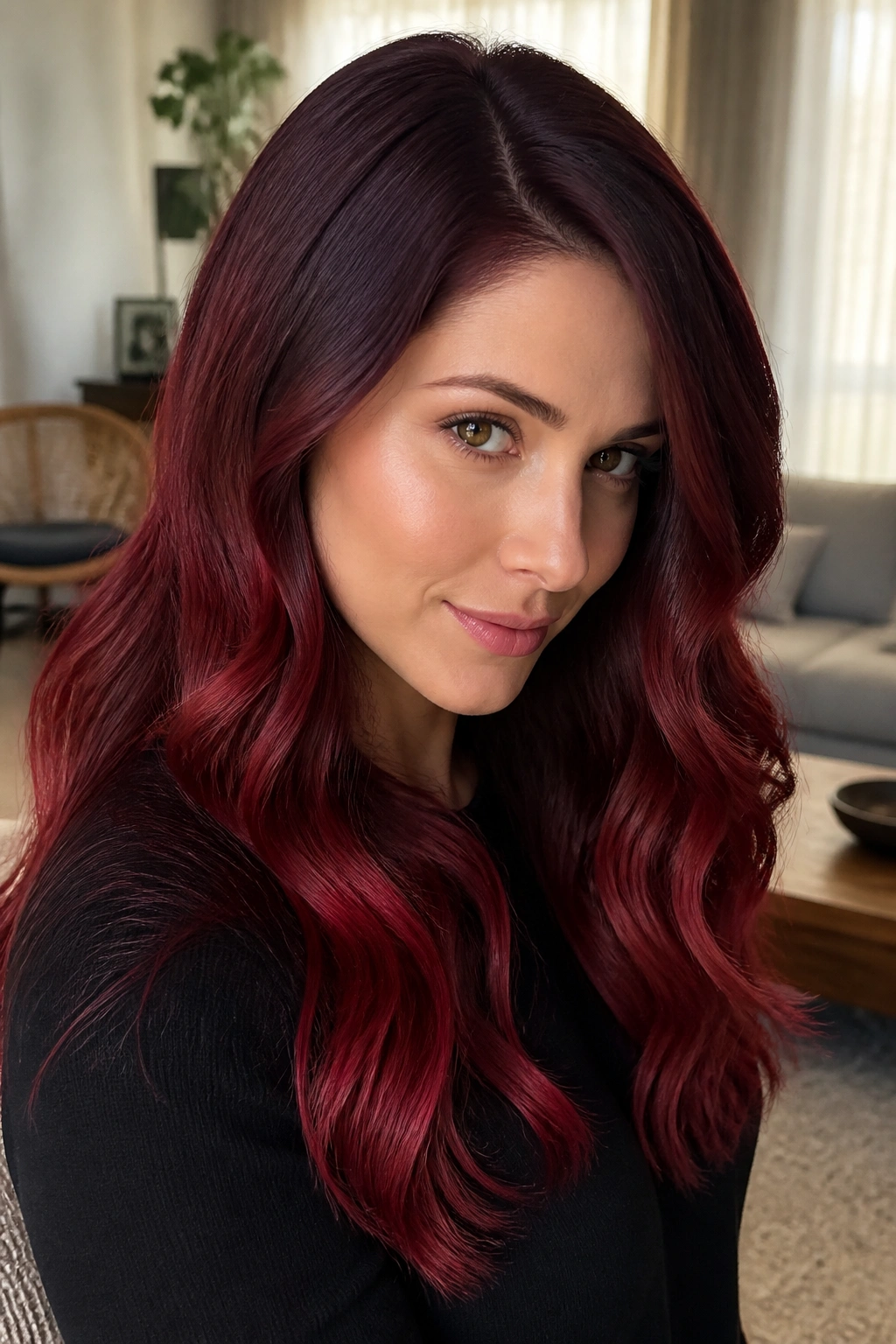 Close-up of a real woman with mulberry root shadow hair color and faded lengths