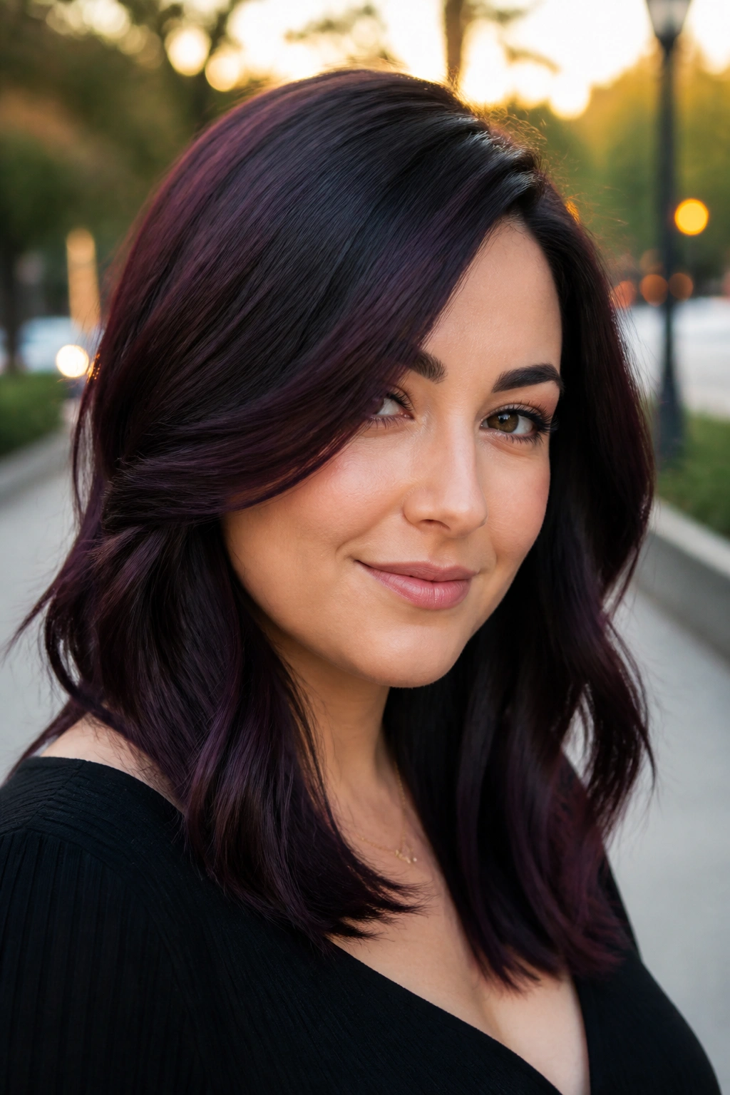 Real woman with mulberry shadow roots on soft black hair.
