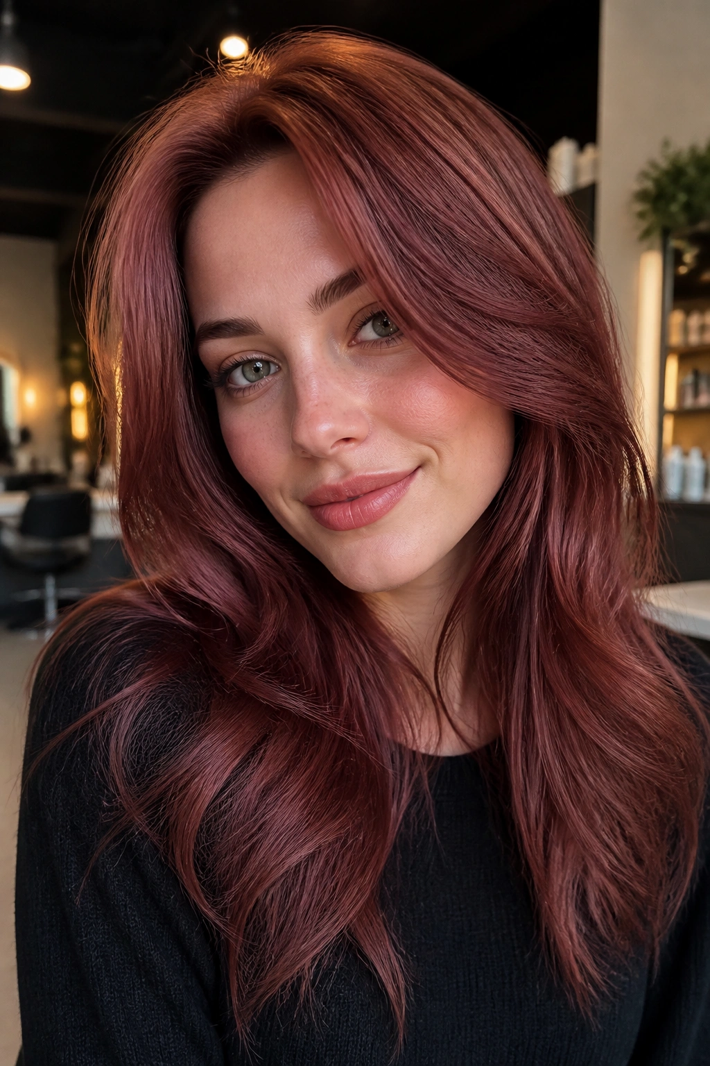 Real woman close-up showing mulberry strawberry auburn hair with deep cool red tones and glossy finish.