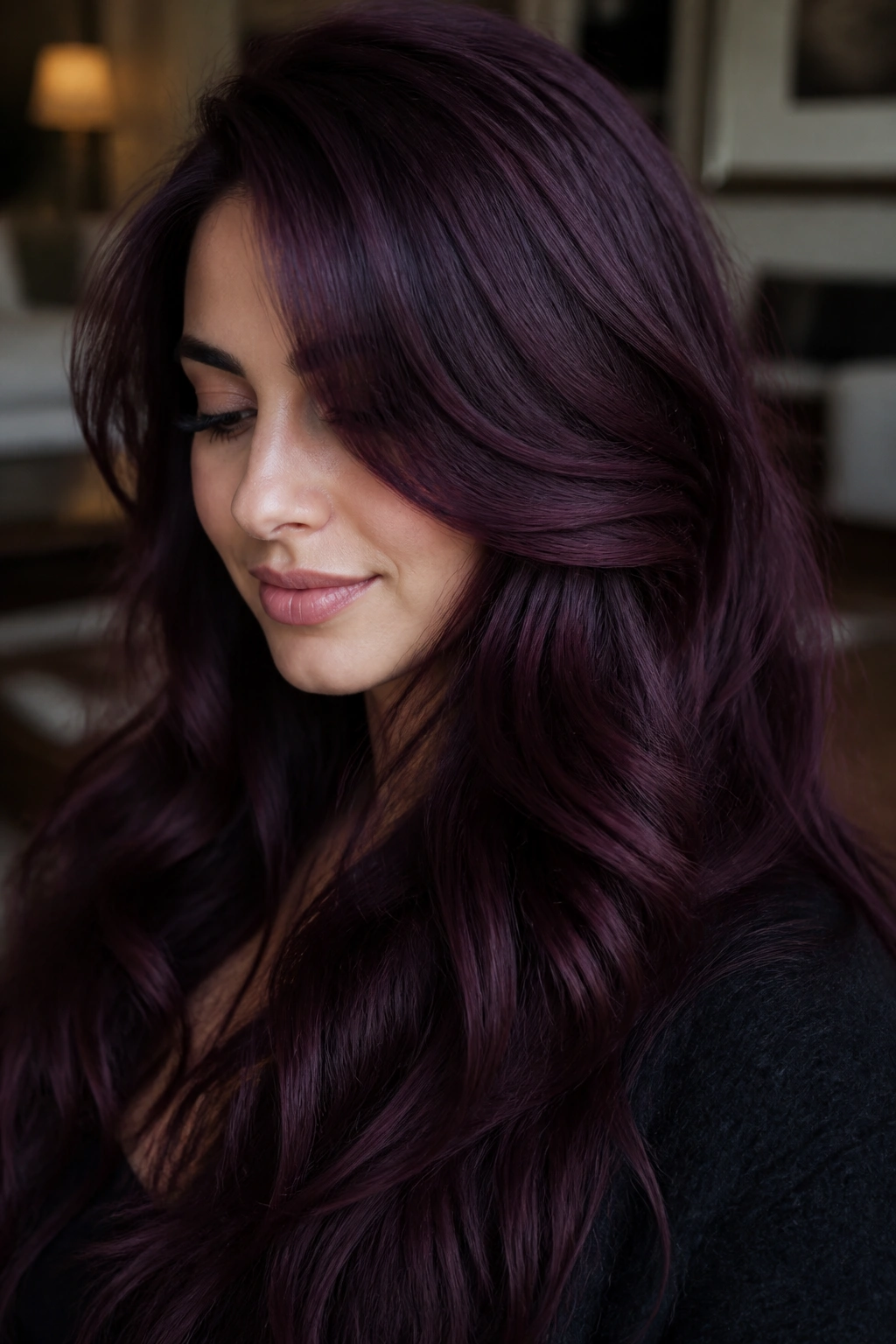 Close-up of a woman with deep mulberry velvet hair in a cozy interior