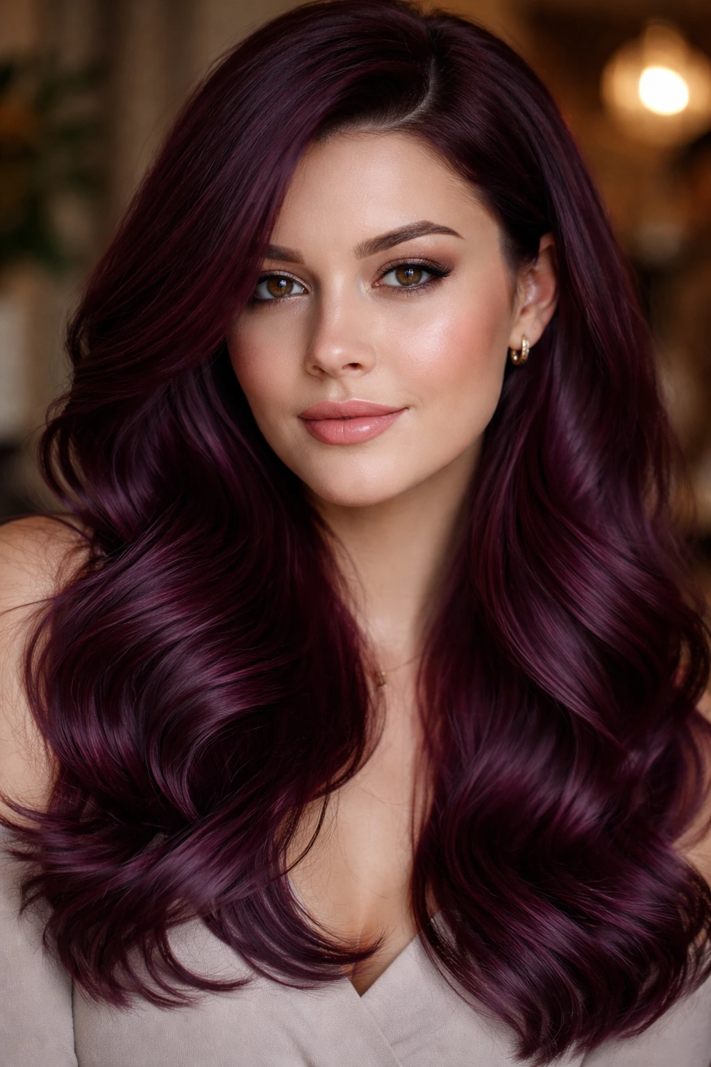 Close-up portrait of a woman with mulberry velvet waves