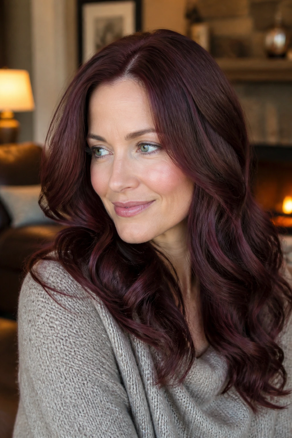 Close-up portrait of a real woman with mulled berry auburn hair under warm lighting