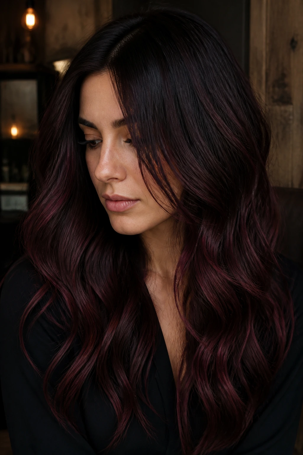 Close-up of brunette with mulled plum lowlights and plum undertones