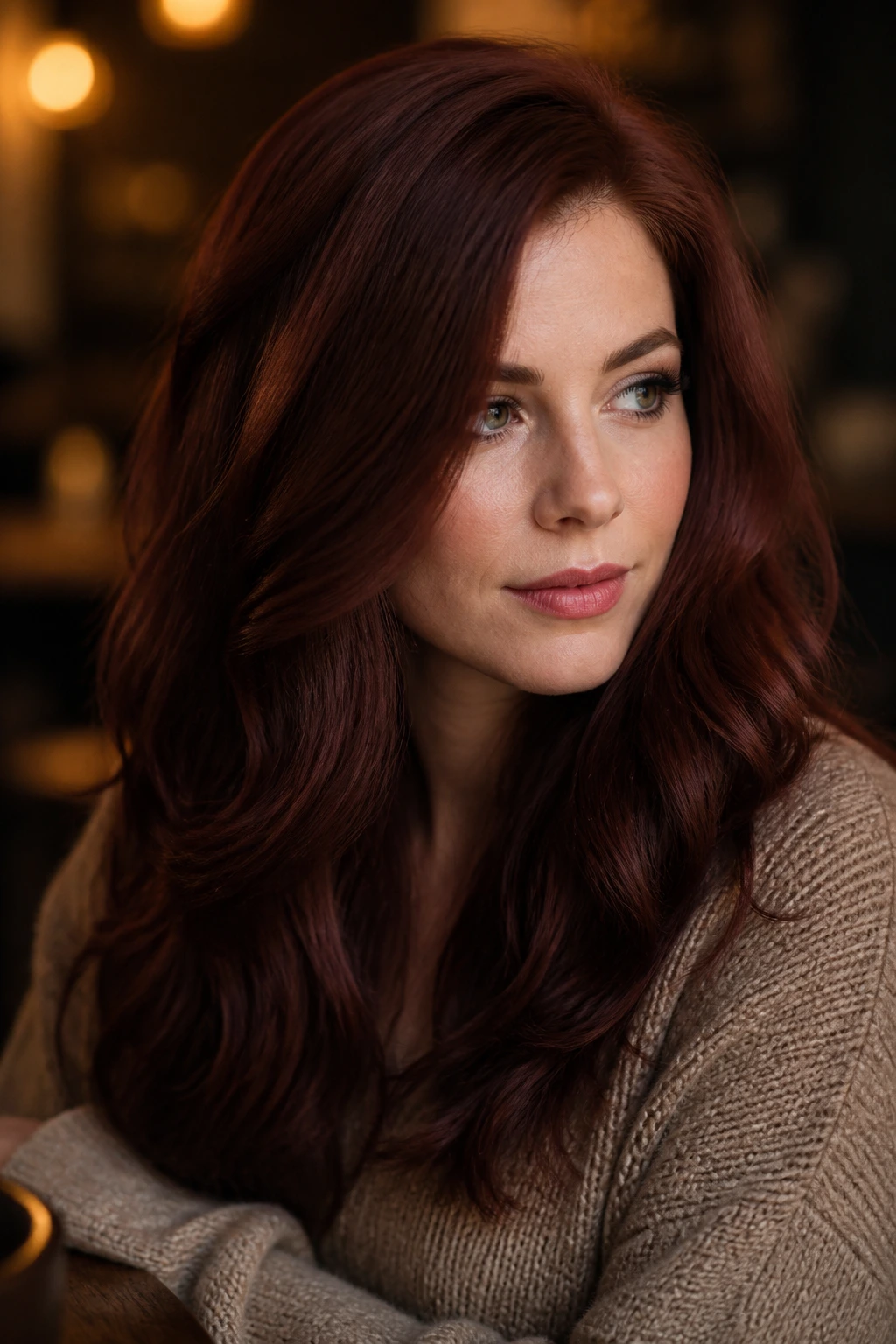 Close-up portrait of a person with mulled wine auburn hair in warm indoor light