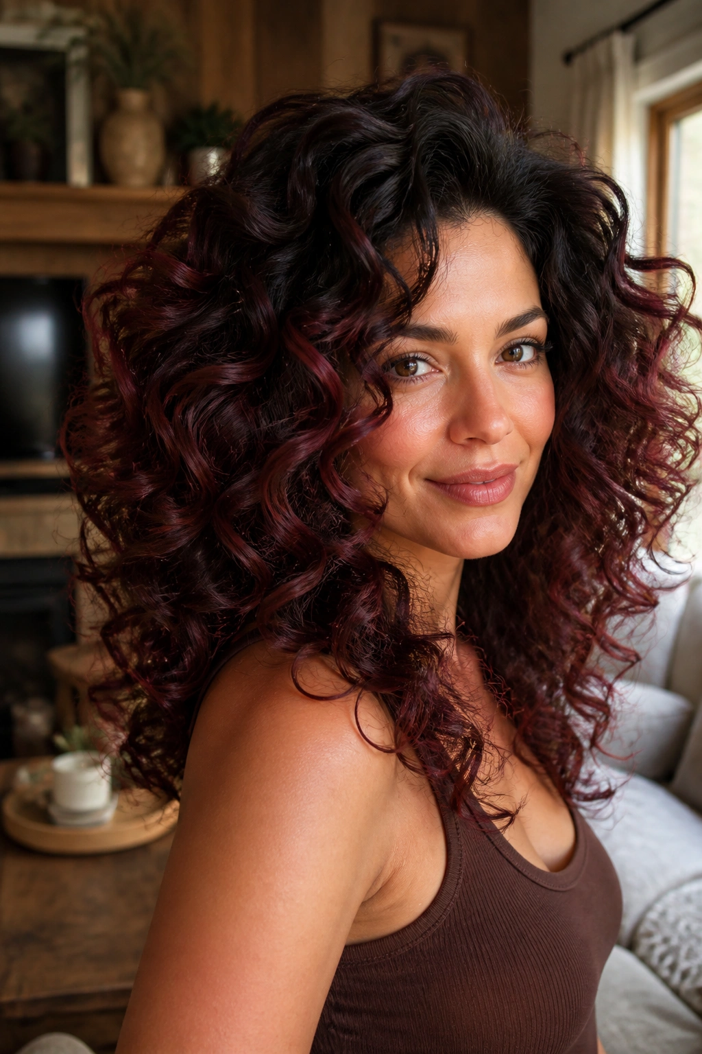 Close-up of a real woman with mulled wine balayage curly hair