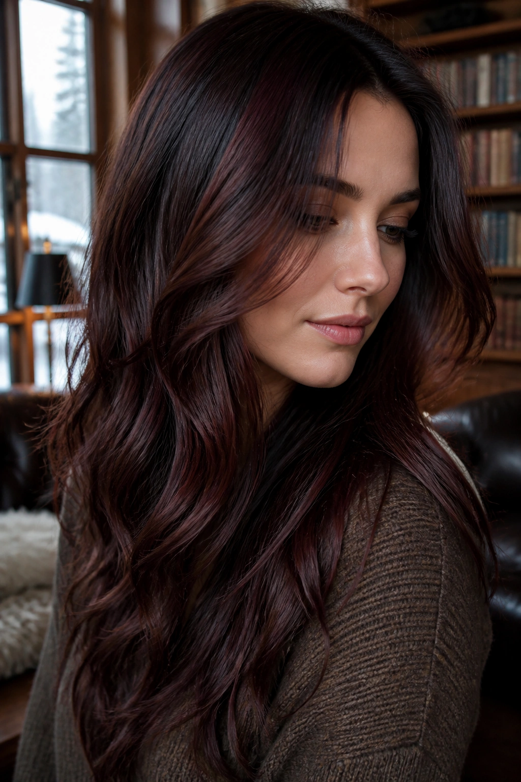 Close-up portrait of a real person with mulled wine brown balayage
