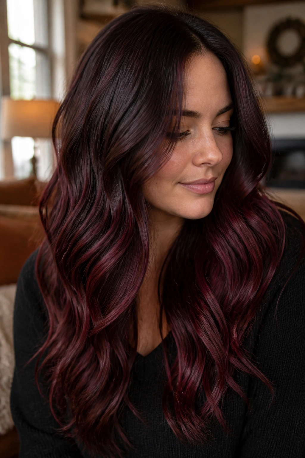 Close-up of a real woman’s mulled wine balayage hair in long waves, warm window light
