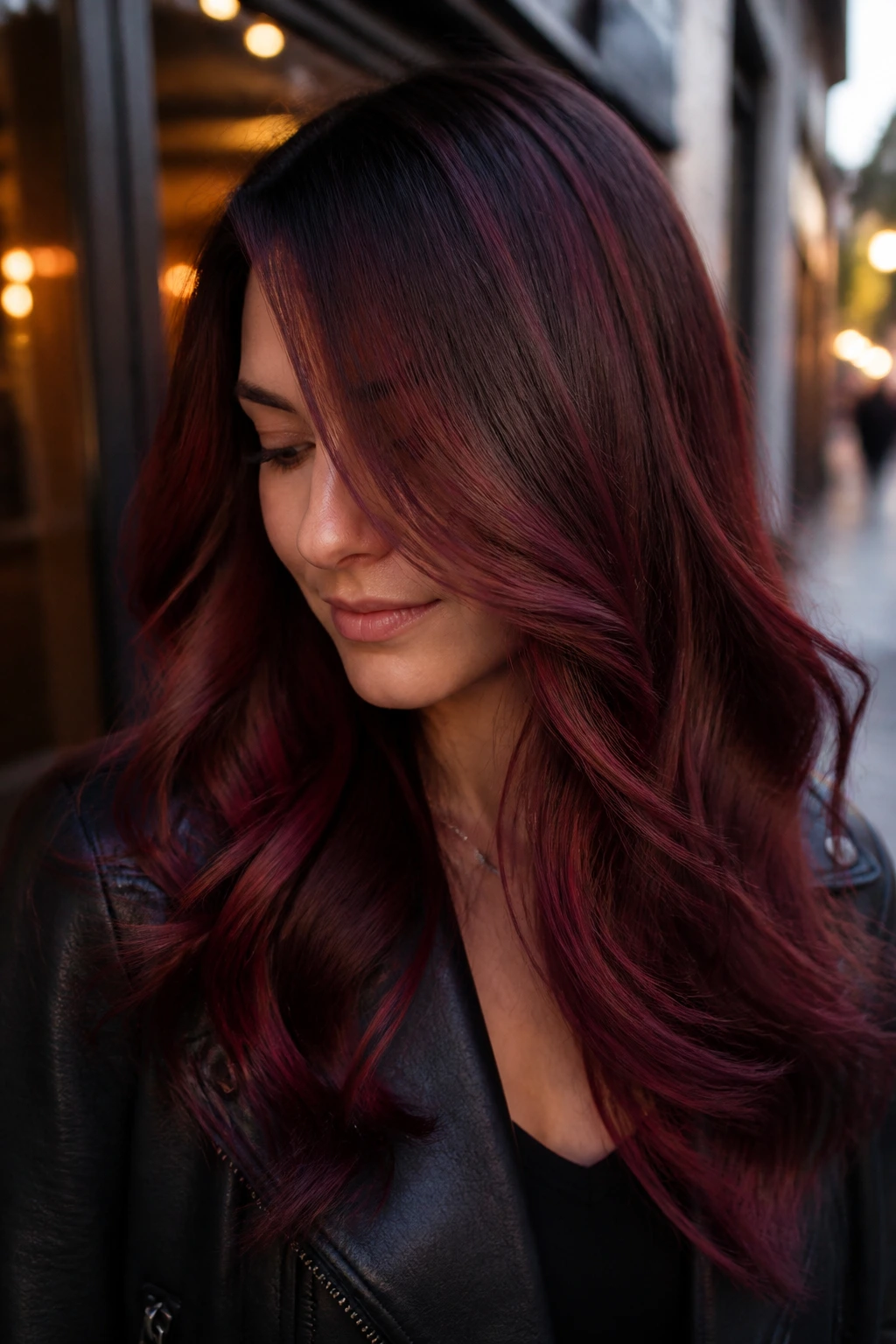 Close-up of a real woman with Mulled Wine Balayage under urban evening light
