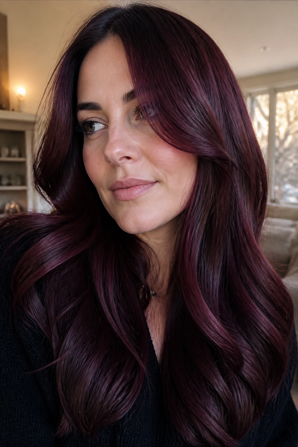 Close-up of a real woman with mulled wine brown hair with violet edges under ambient light