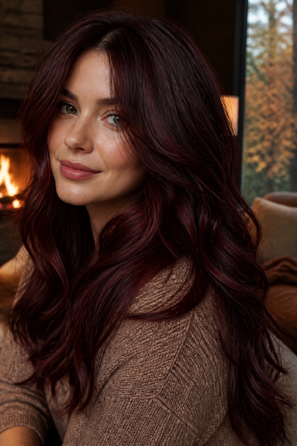 Close-up portrait of a real person with Mulled Wine Brown hair showing deep red-brown and moody burgundy tones