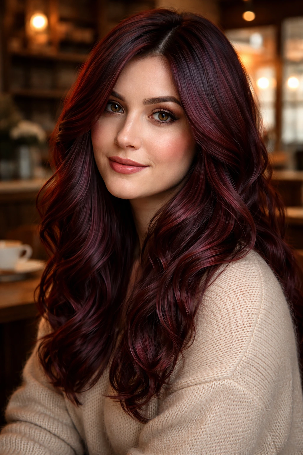 Close-up portrait of a real person with mulled wine burgundy hair in warm cafe lighting