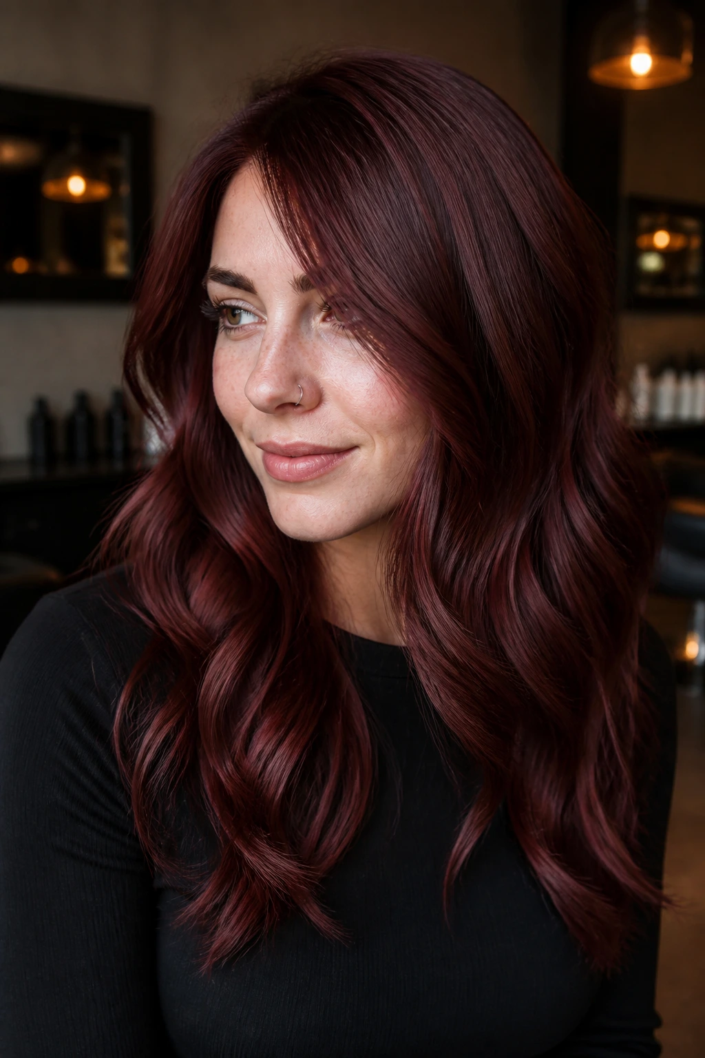 Close-up portrait of a woman with mulled wine copper hair