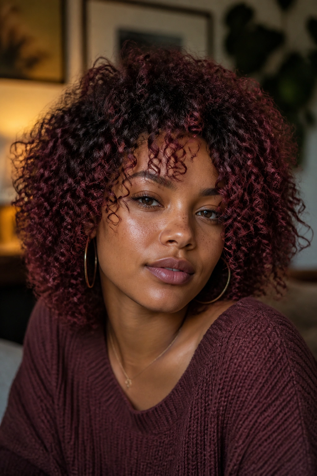 Close-up of a real woman with mulled wine curls on textured hair in a cozy living room