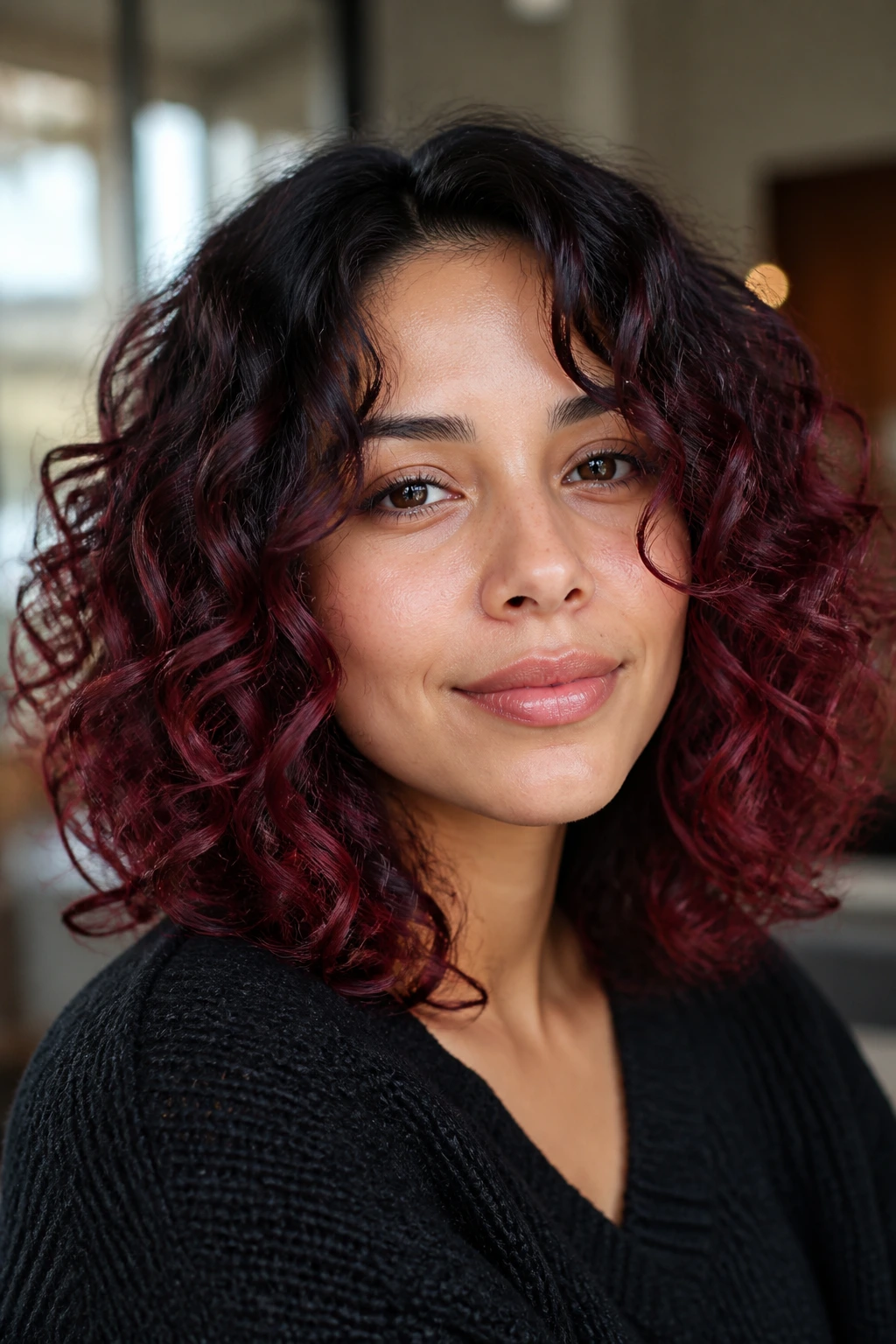 Close-up of a real person with mulled wine curls framing the face in warm light