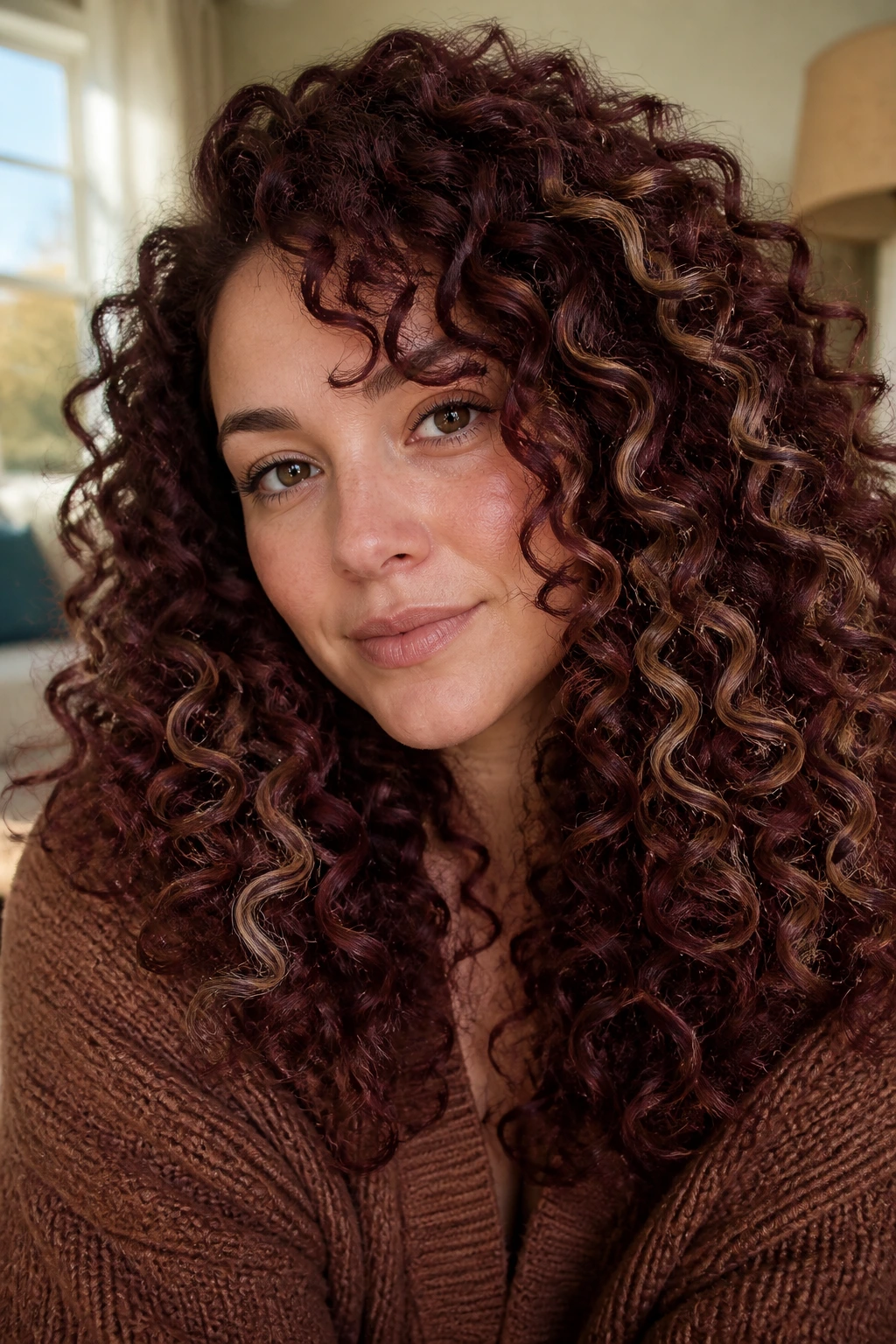 Close-up portrait of a woman with burgundy curls and beige ribbon highlights