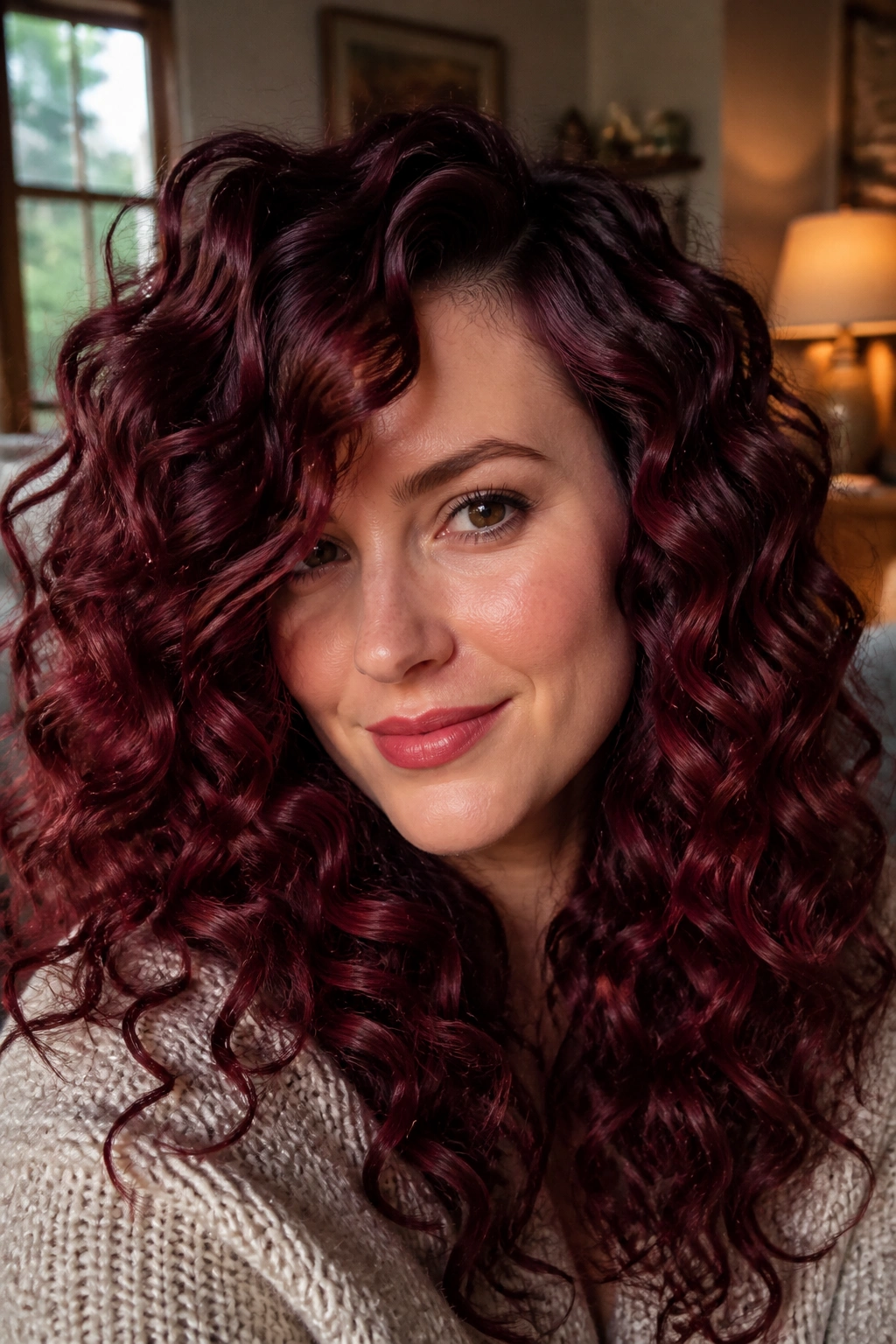 Close-up of violet burgundy curls on a real person