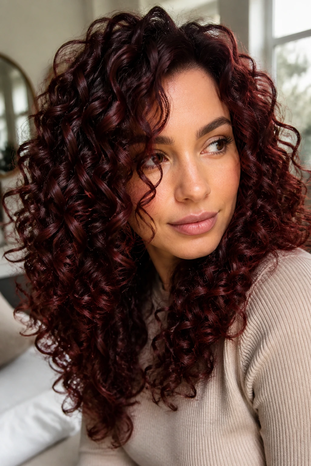 Close-up of real woman with burgundy mahogany curls catching light