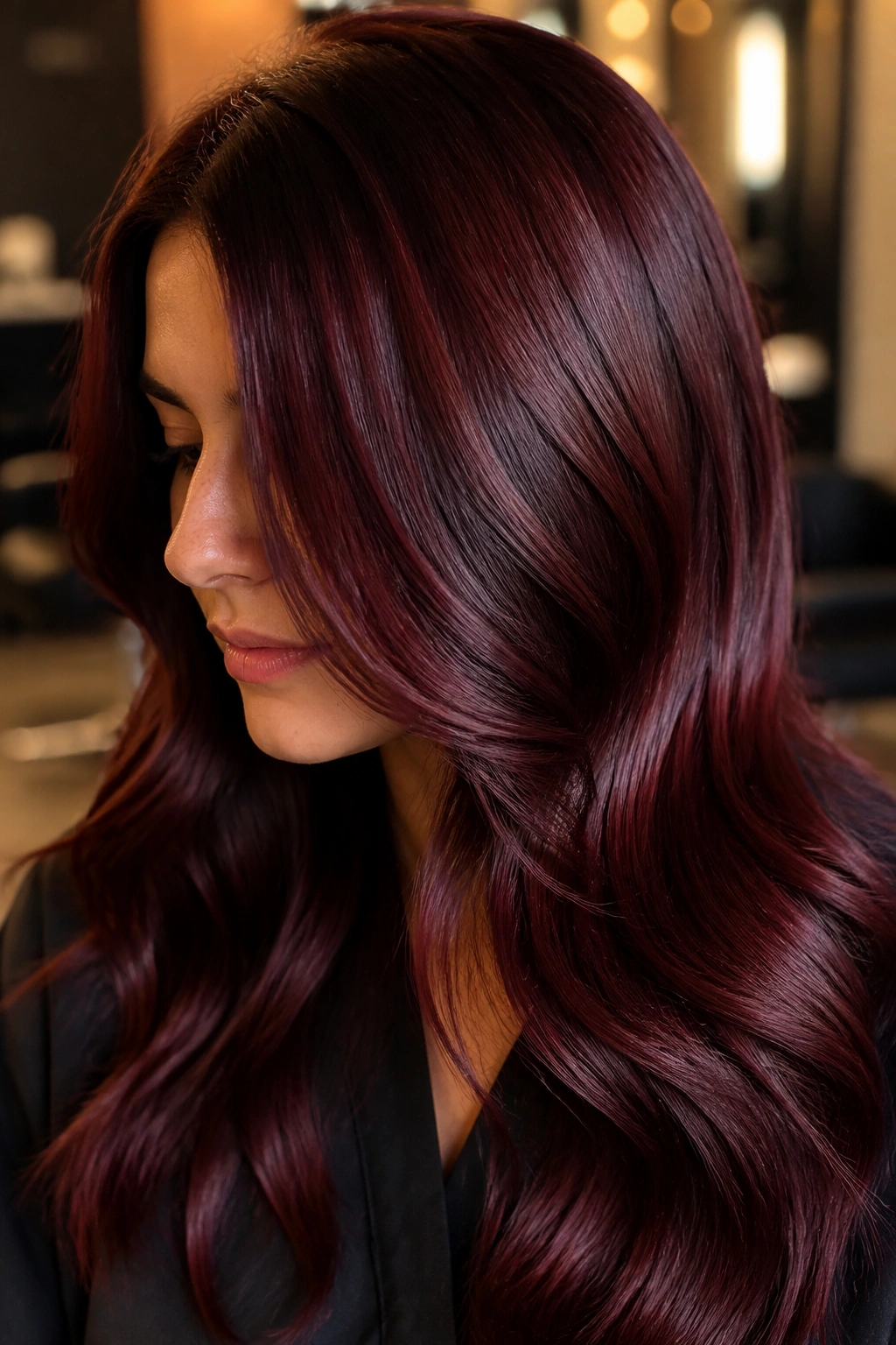 Close-up of a real person with brunette hair glossed in wine-red reflection
