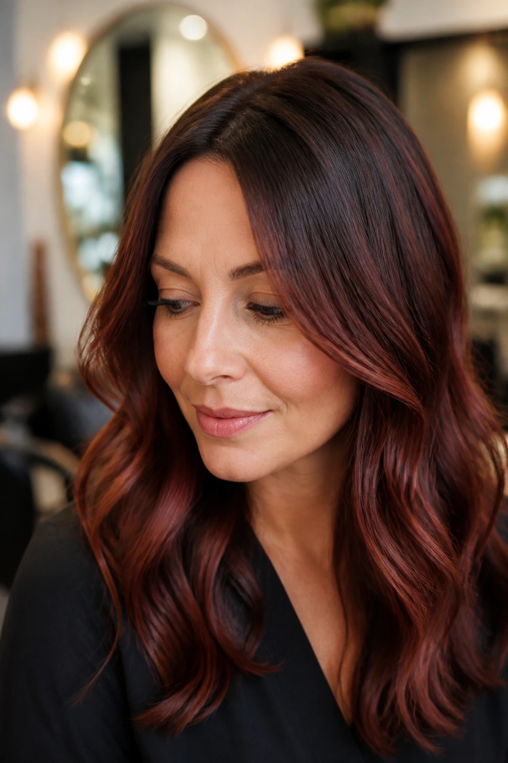 Close-up of a real woman with medium brown hair and warm mulled wine highlights